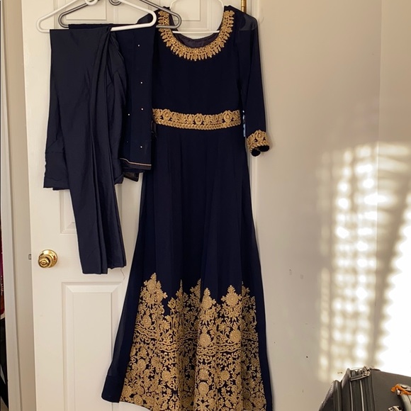 India Boutique Dresses & Skirts - Navy blue dress with gold color embroidery